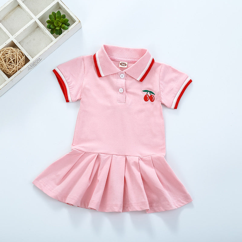 Girls' Pleated Cotton Dress with Short Sleeves