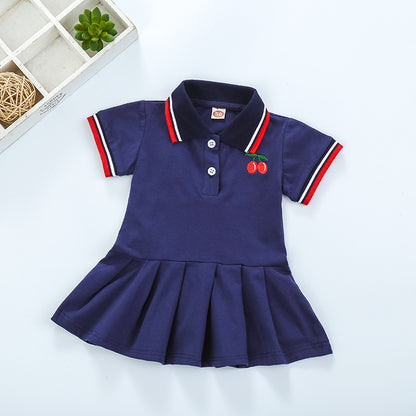 Girls' Pleated Cotton Dress with Short Sleeves