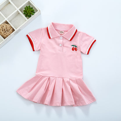 Girls' Pleated Cotton Dress with Short Sleeves
